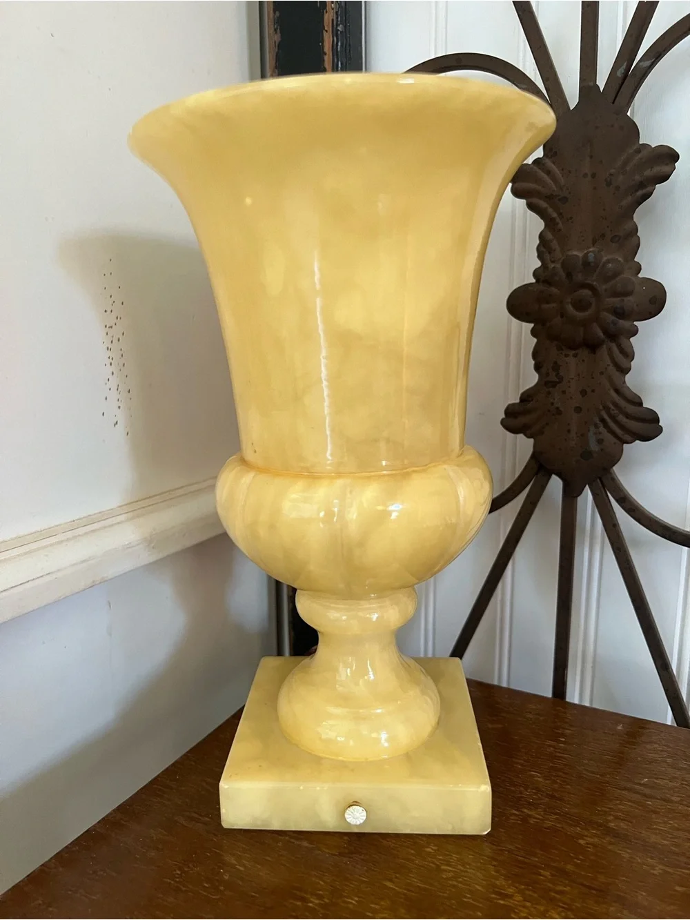 Vintage Neoclassical Alabaster Butter Yellow Urn Vase -